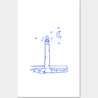 Lighthouse at Night Line Drawing Posters and Art